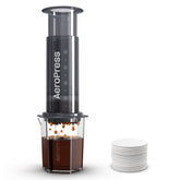 An AeroPress XL coffee maker with paper filters