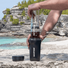 AeroPress Coffee Maker - Go Plus machine being used at the beach